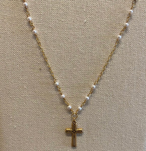 Gold Pearl Cross Necklace (EVV0005)